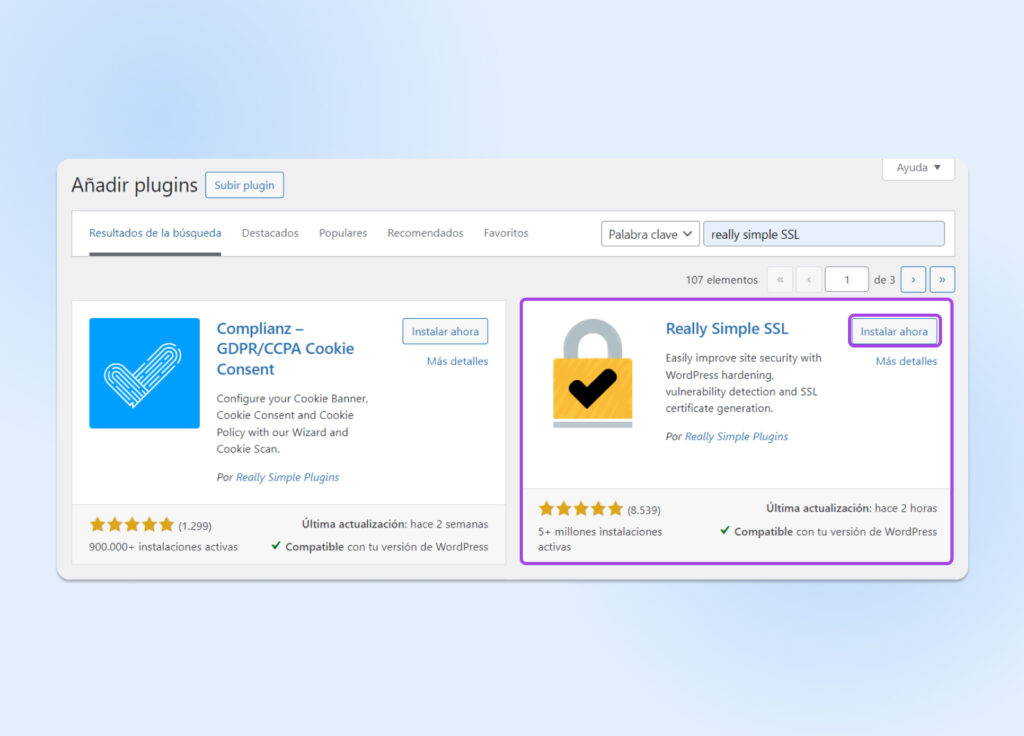 "really simple ssl" escrito en la barra de búsqueda en "Agregar plugins" con la opción de la izquierda seleccionada.