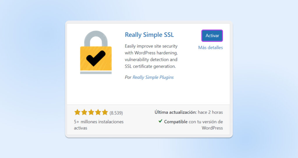 Cuadro de diálogo que muestra el botón azul "Activar" resaltado en el plugin SSL Really Simple.