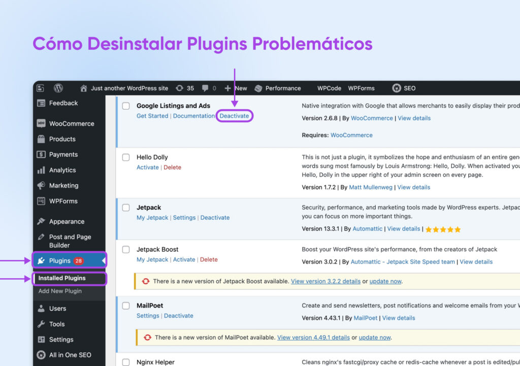 Encabezado "Cómo desinstalar complementos problemáticos" con una captura de pantalla de la pestaña Complementos y el botón Desactivar señalado.