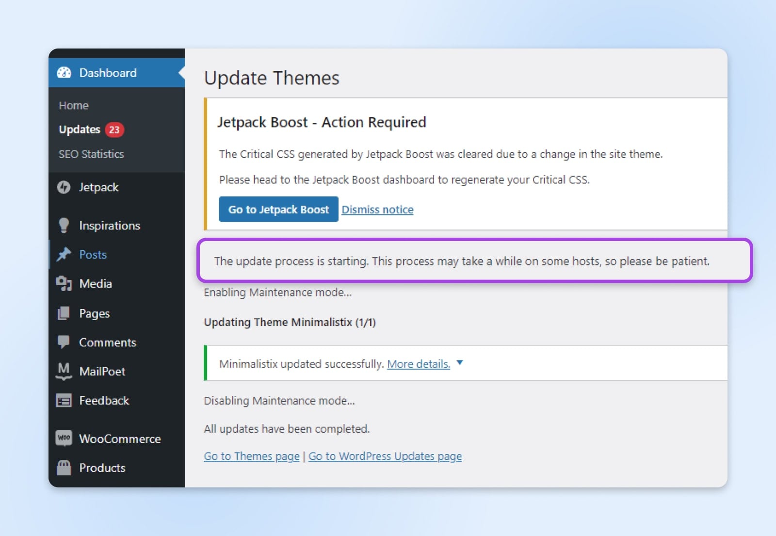 wordpress dashboard showing the location The update process is starting. This process may take a while on some hosts, so please be patient.