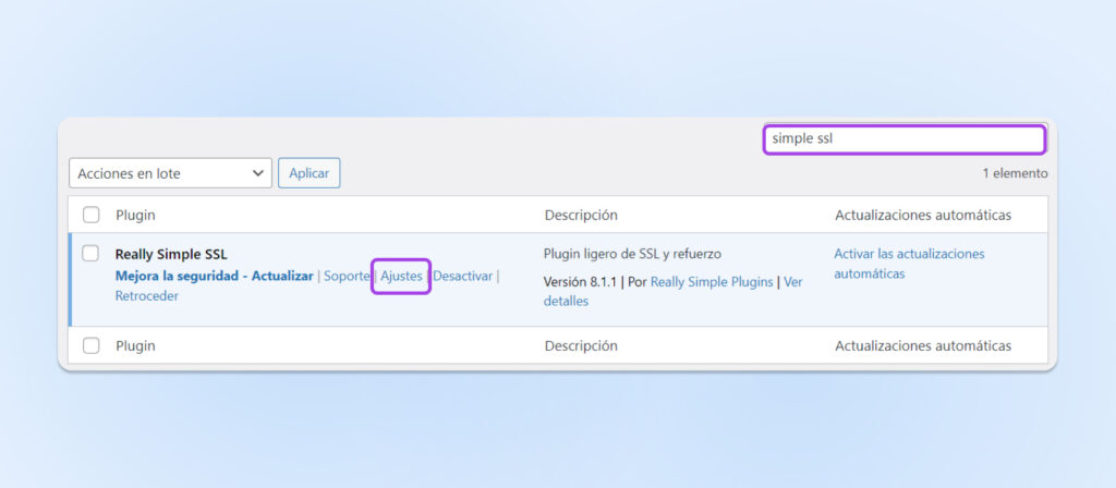 Cuadro de diálogo que muestra el plugin SSL Really Simple en WordPress con un tipo realmente simple escrito en la barra de búsqueda y "Configuración" seleccionado.