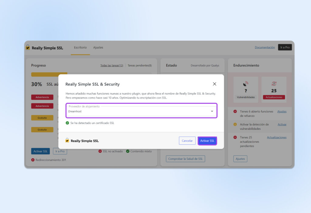DreamHost ingresado en el campo "Proveedor de hosting" y botón "Activar SSL" seleccionado.