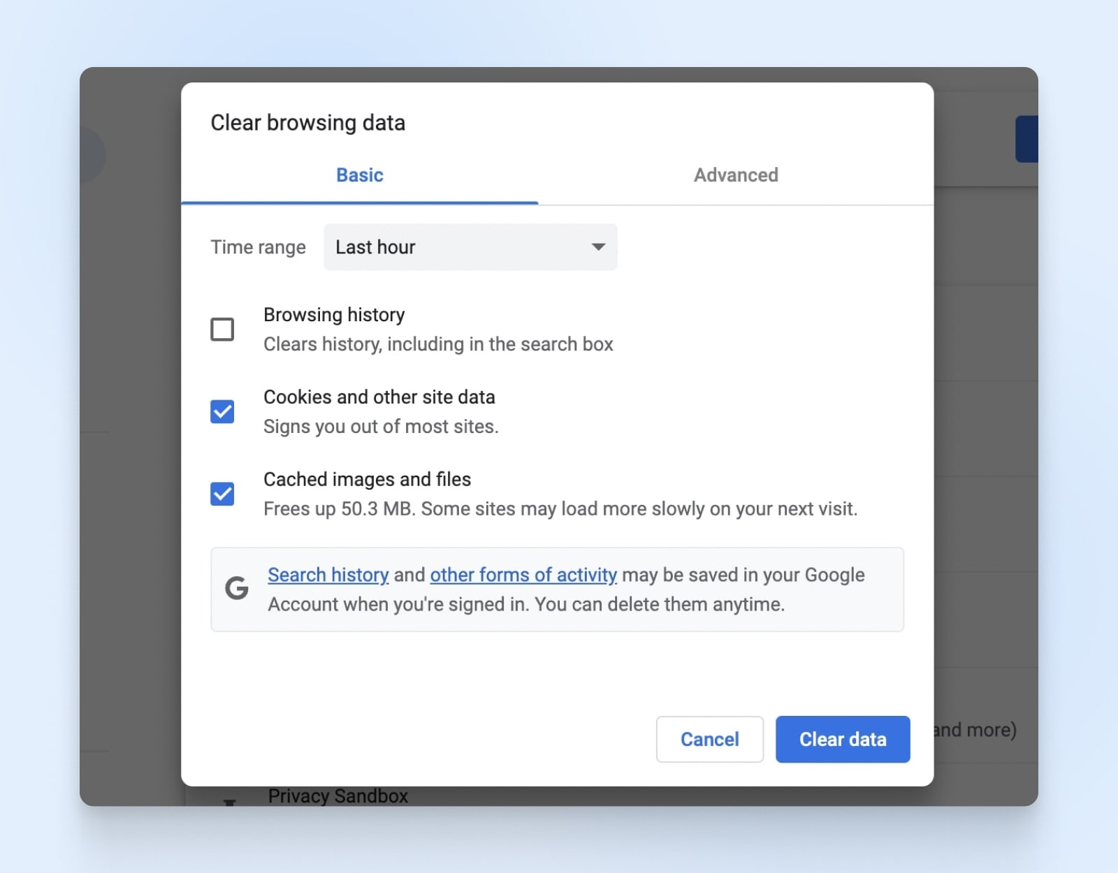 "Clear browsing data" dialog box with the "Cookies and other site data" and "Cached images and files" boxes ticked.