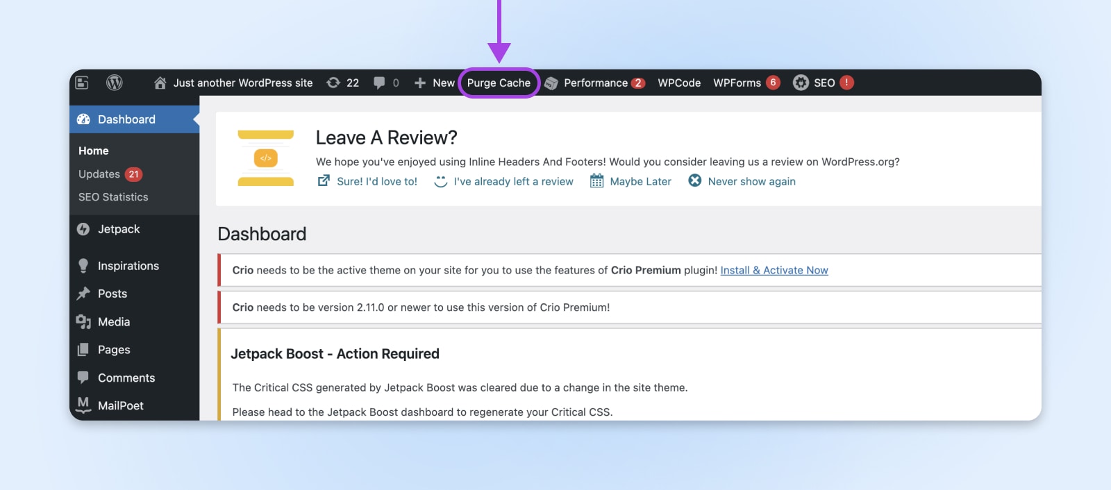 WordPress's dashboard with 'Page Cache' circled in the admin bar at the top of the page.