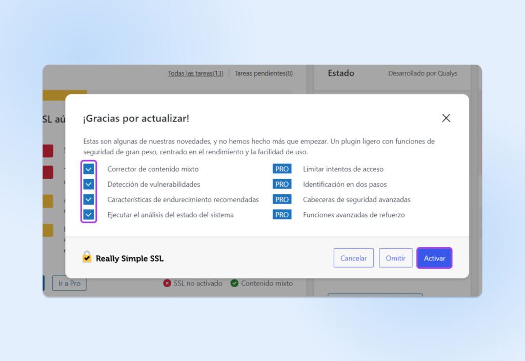 Cuadro de diálogo "¡Gracias por actualizar!" con información sobre las nuevas características de Really Simple SSL y el botón "Activar" seleccionado.