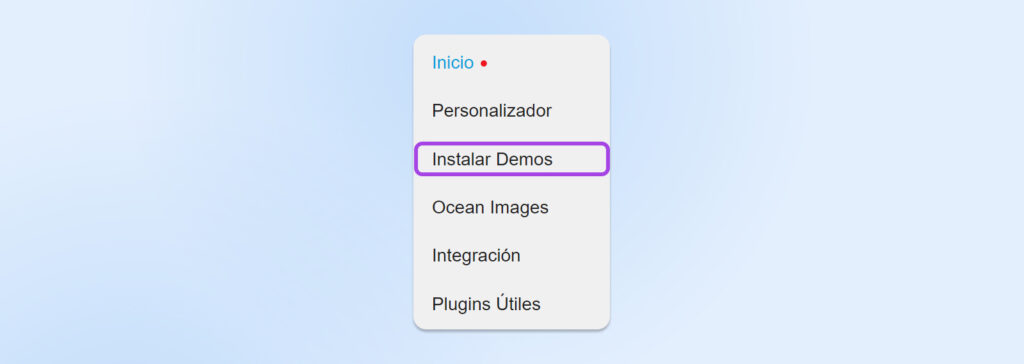 Menú desplegable de OceanWP con el botón "Instalar demostraciones" seleccionado.