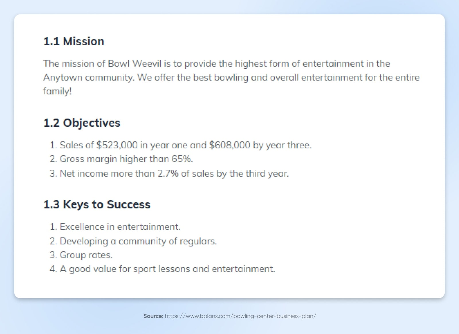 Bowl Weevil's business goals on a white page including mission, objectives, and keys to success.