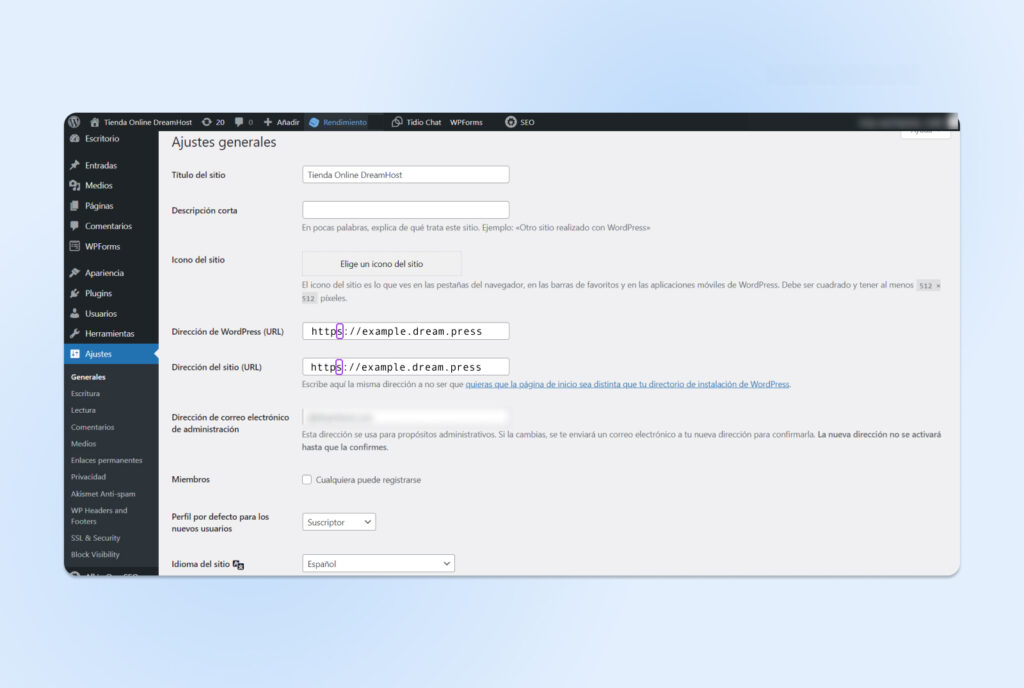 Menú de configuración general que muestra la URL de la dirección de WordPress y la URL de la dirección del sitio indicando la "s" en "https"