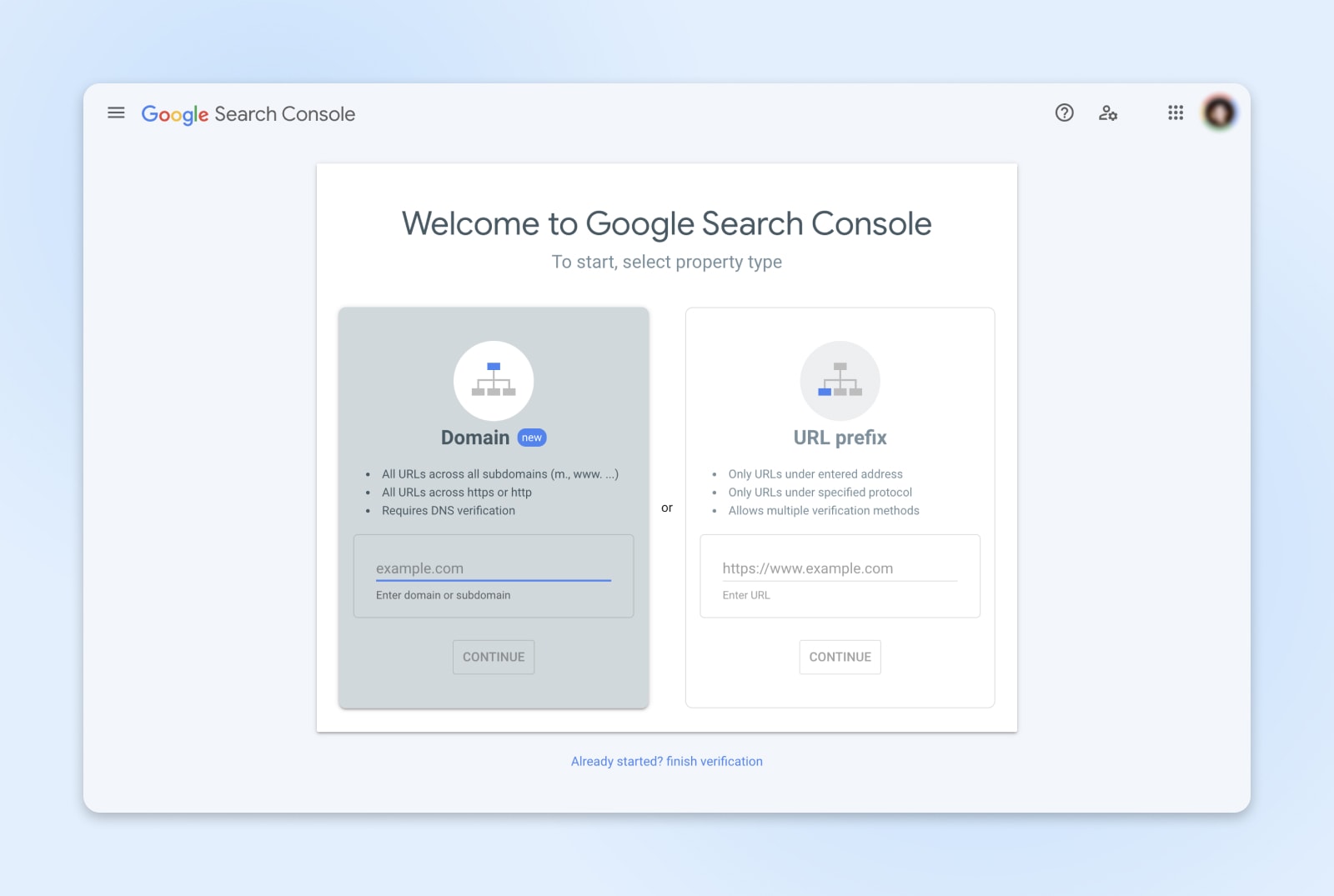 The Welcome to Google Search Console page shows two choices: Domain or URL prefix