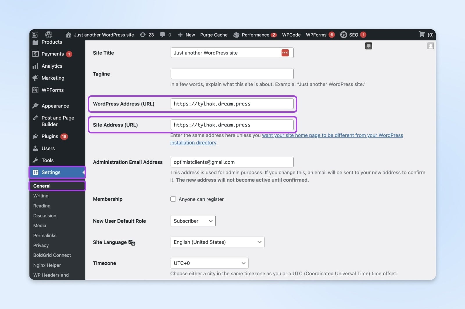 'Settings' tab selected from WordPress's left-side menu with 'WordPress Address (URL)' and 'Site Address (URL) fields annotated.