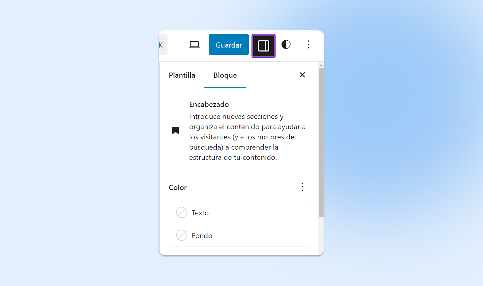 Botón configuración, editor de bloques