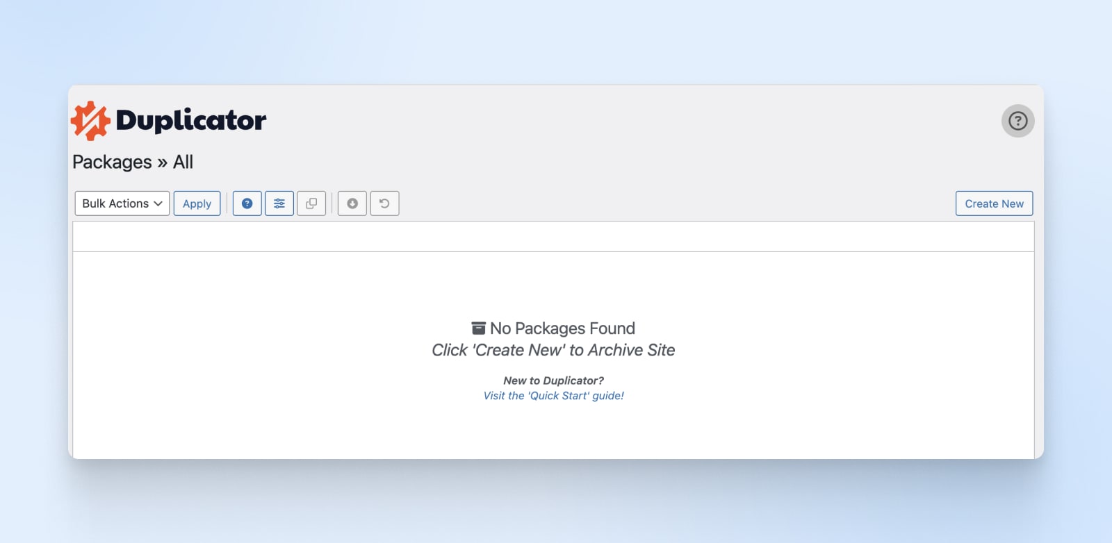 duplicator screen showing packages > all and No packages are found, click create new or archive site