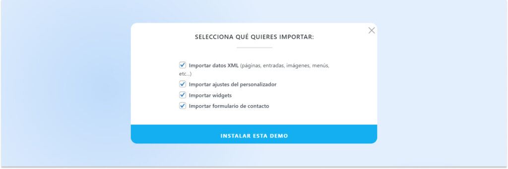 Una lista de opciones para importar, incluidos widgets y formulario de contacto, todos marcados. Botón para INSTALAR LA DEMO.