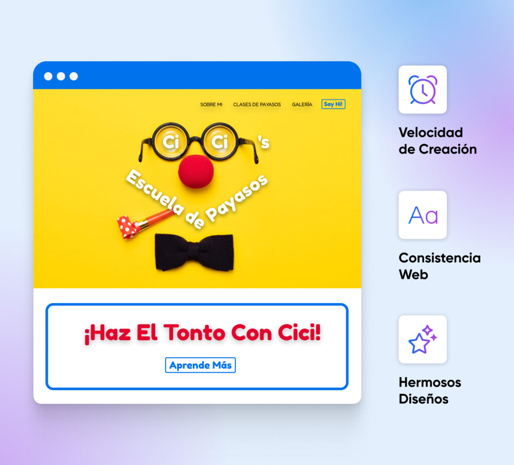 Un patrón de página completa para una escuela de payasos. Los iconos promocionan los beneficios del patrón: velocidad, consistencia y diseño