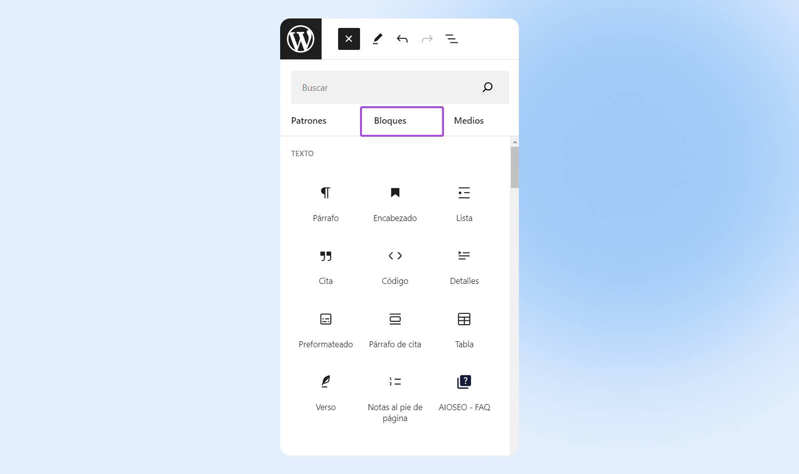 Menú bloques, disponible en el Editor de Sitio WordPress