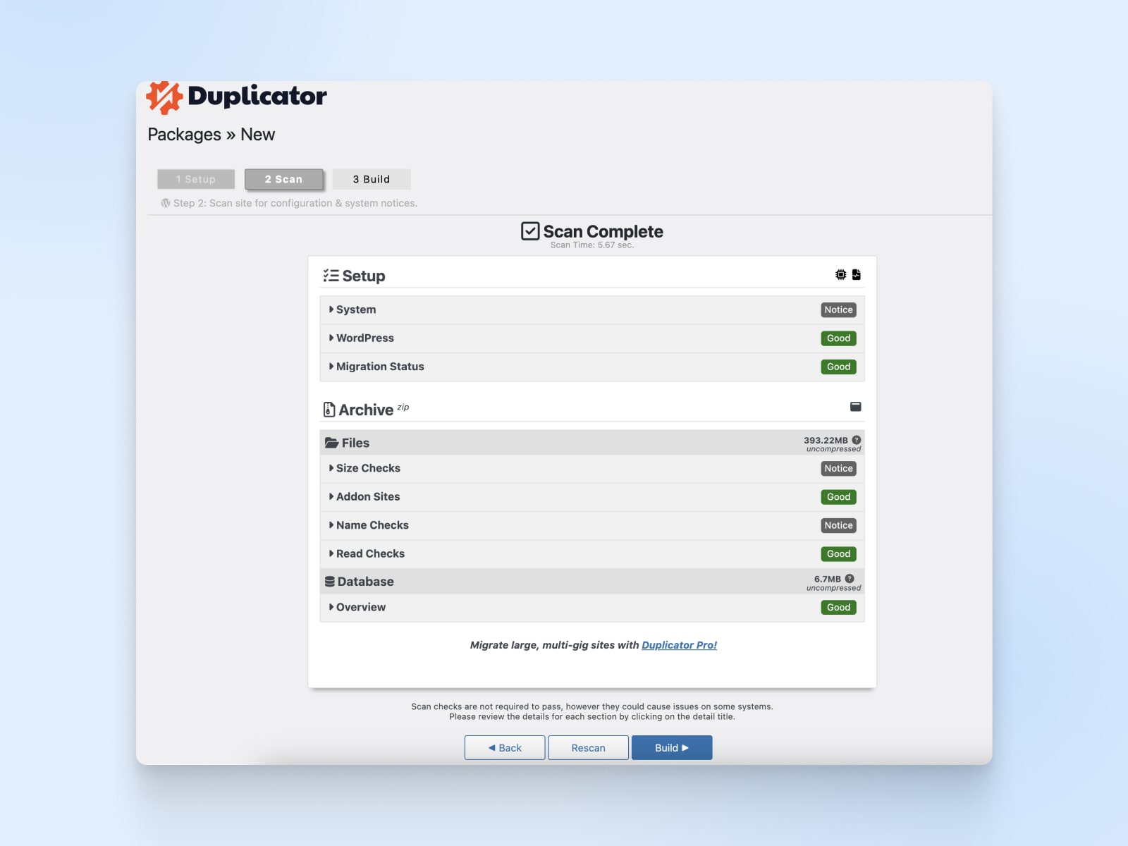 duplicator menu showing scan complete with setup and archive