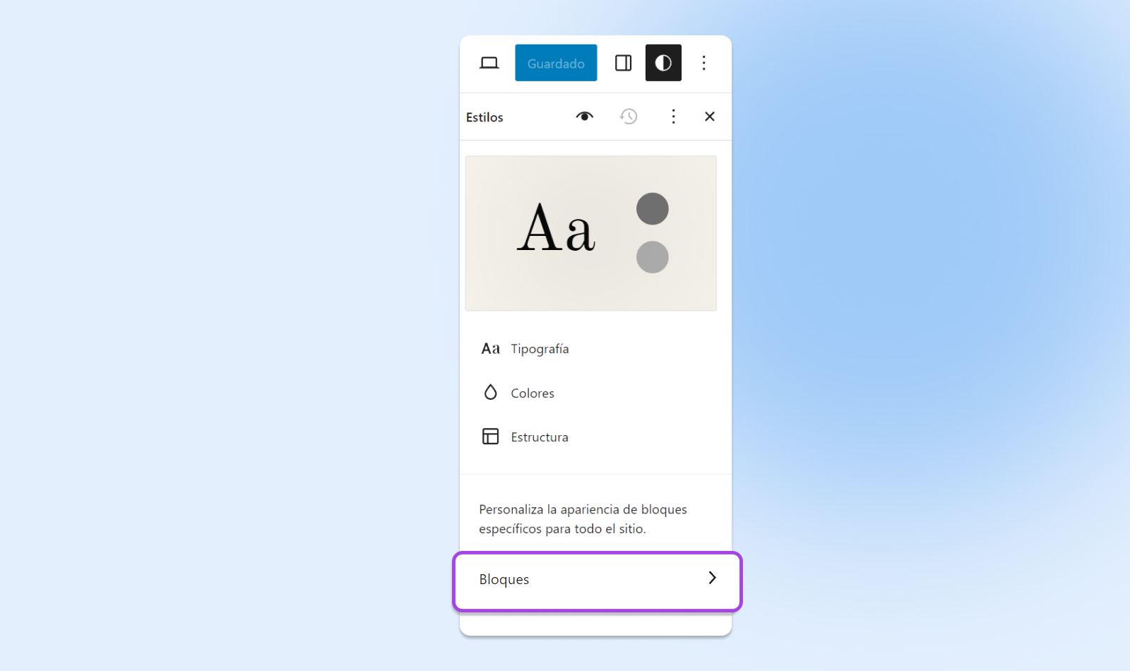 Botón Bloques, en el menú estilo, Editor de Sitio WordPress