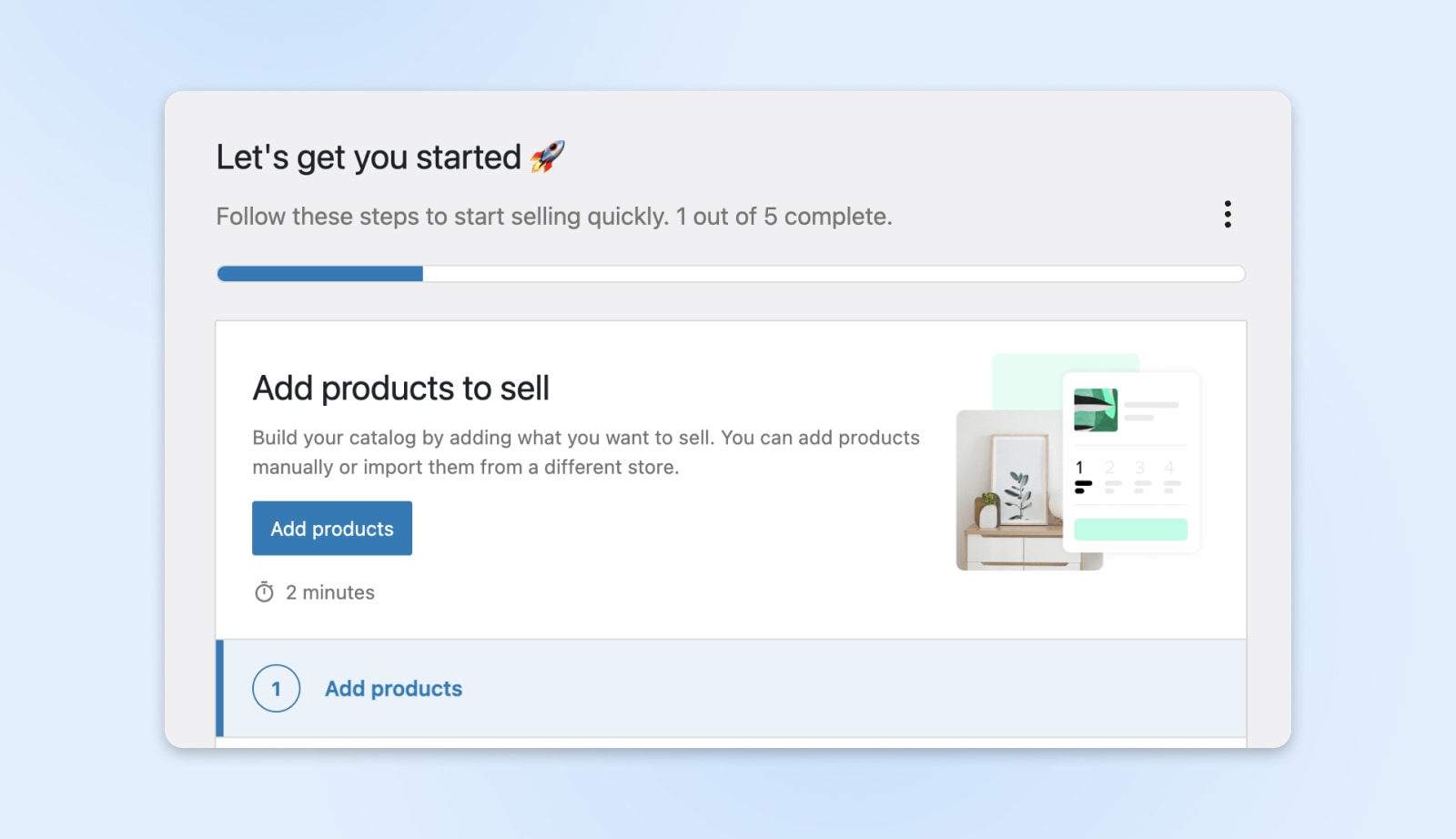 screenshot of the status bar showing "Let's get you started" and the step to "add product to sell" by clicking the blue "add products" button 