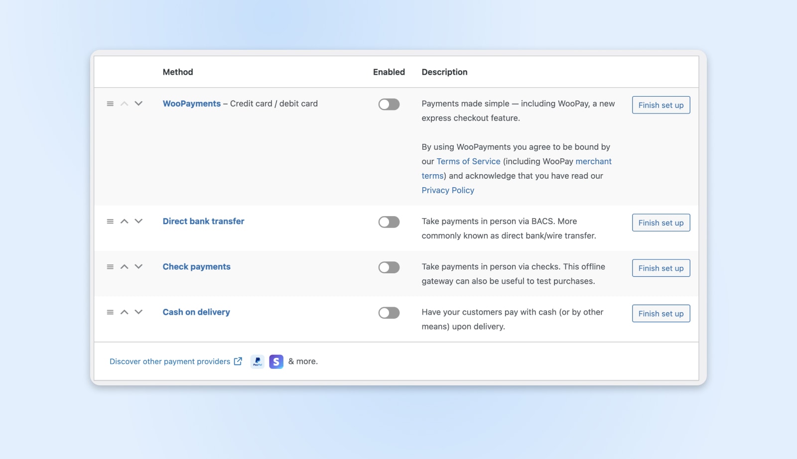 screenshot of the payment methods setting showing the toggle to enable options for WooPayments, direct bank transfer, check payments, and cash on delivery 