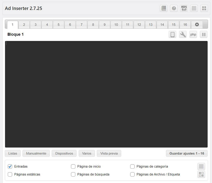 Configuraciones de Ad Inserter. 