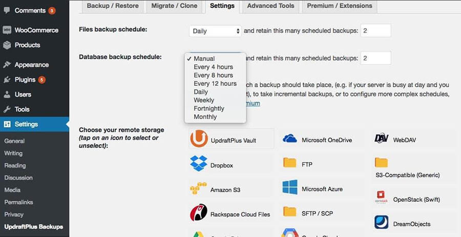 Configuración updraft plus panel WordPress