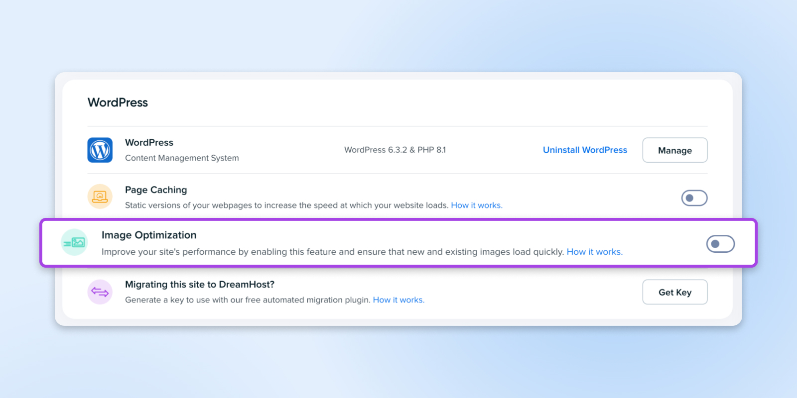 screenshot showing the "image optimization" option in DreamHost you can use to toggle on/off this function 