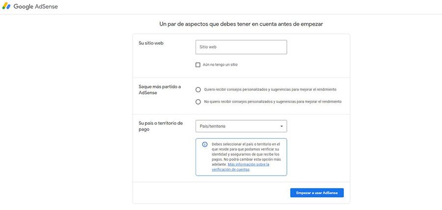 Formulario suscripción Google AdSense