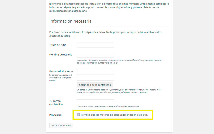 campos información Básica de instalación de WordPress