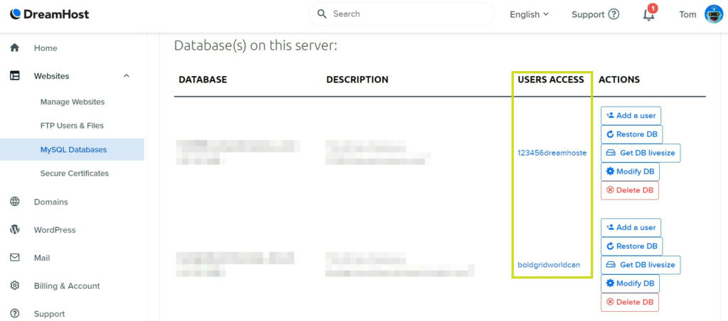 User access to databases in Dreamhost