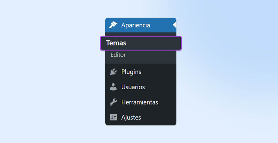 Menu temas instalación WordPress