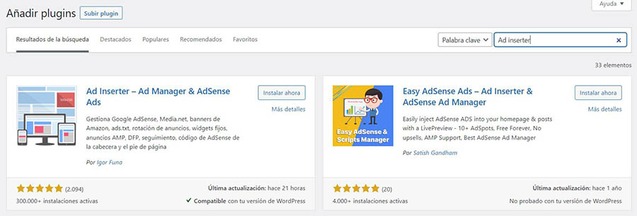 Activando el plugin Ad Inserter en WordPress