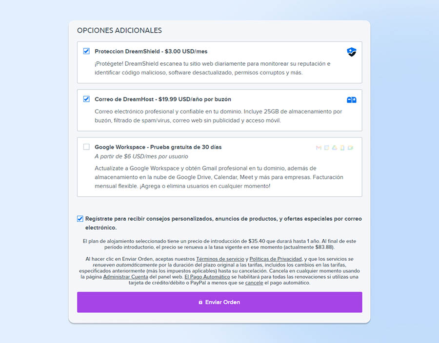 Opciones adicionales a configurar, al crear una cuenta en DreamHost.