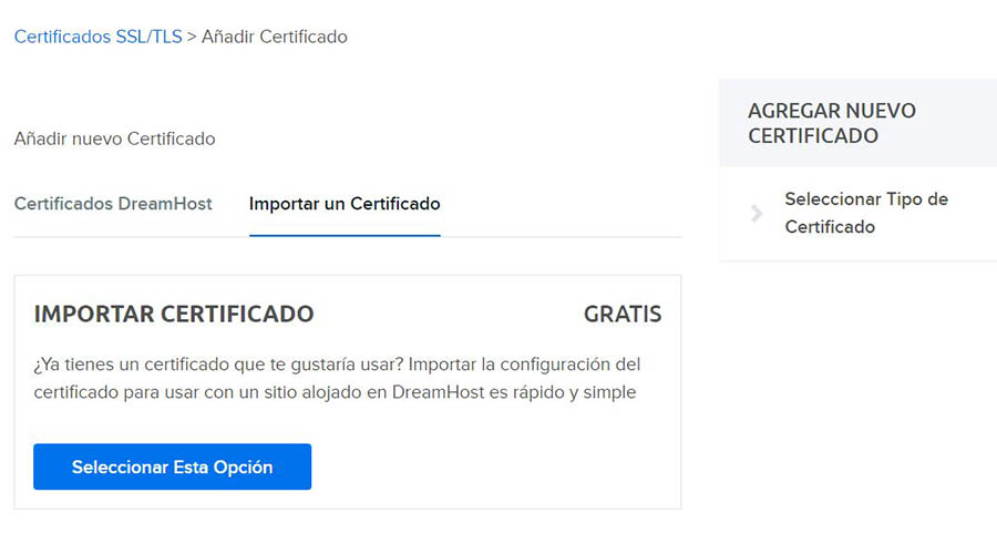 La opción de añadir un nuevo certificado SSL/TLS en DreamHost. 