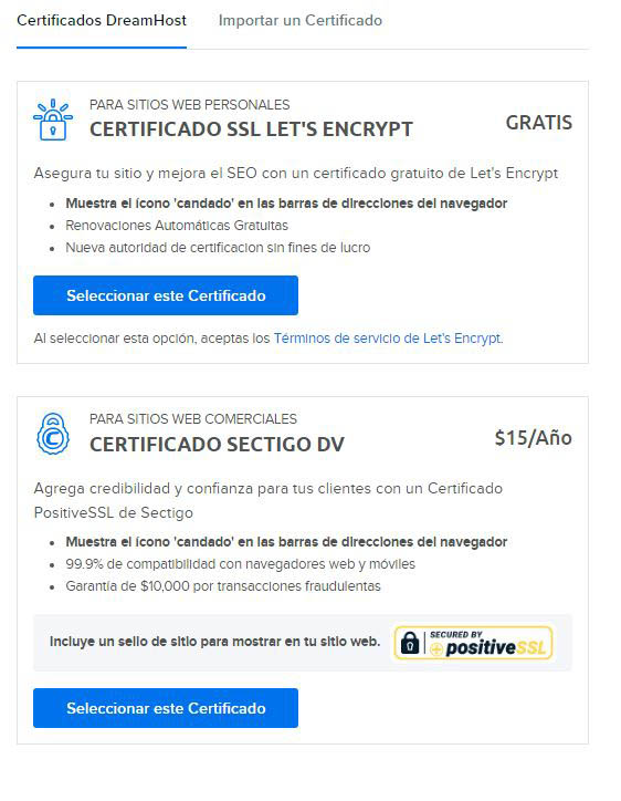 Opciones de certificados SSL de DreamHost SSL 