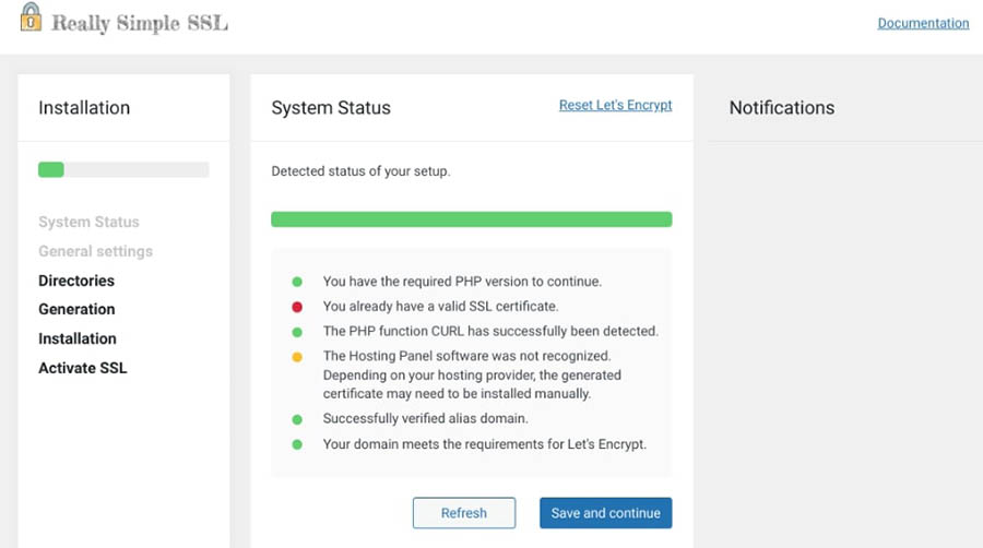 La pantalla de estado del sistema del plugin Really Simple SSL. 