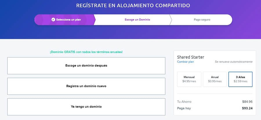 Página de registro de alojamiento DreamHost