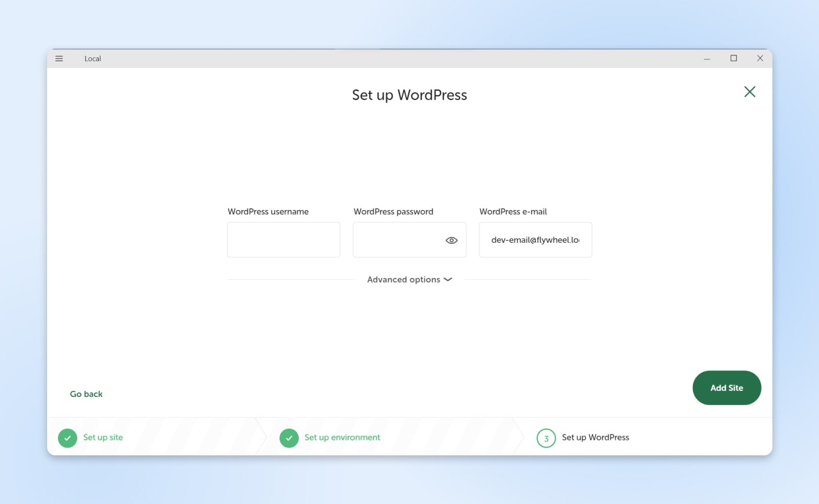 Screenshot of the "Set up WordPress" step on local asking for the user's wordpress username, password, and email 