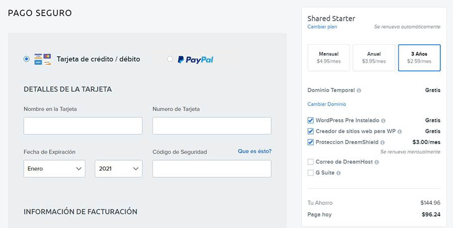 Página de pago y registro de plan Shared Starter DreamHost