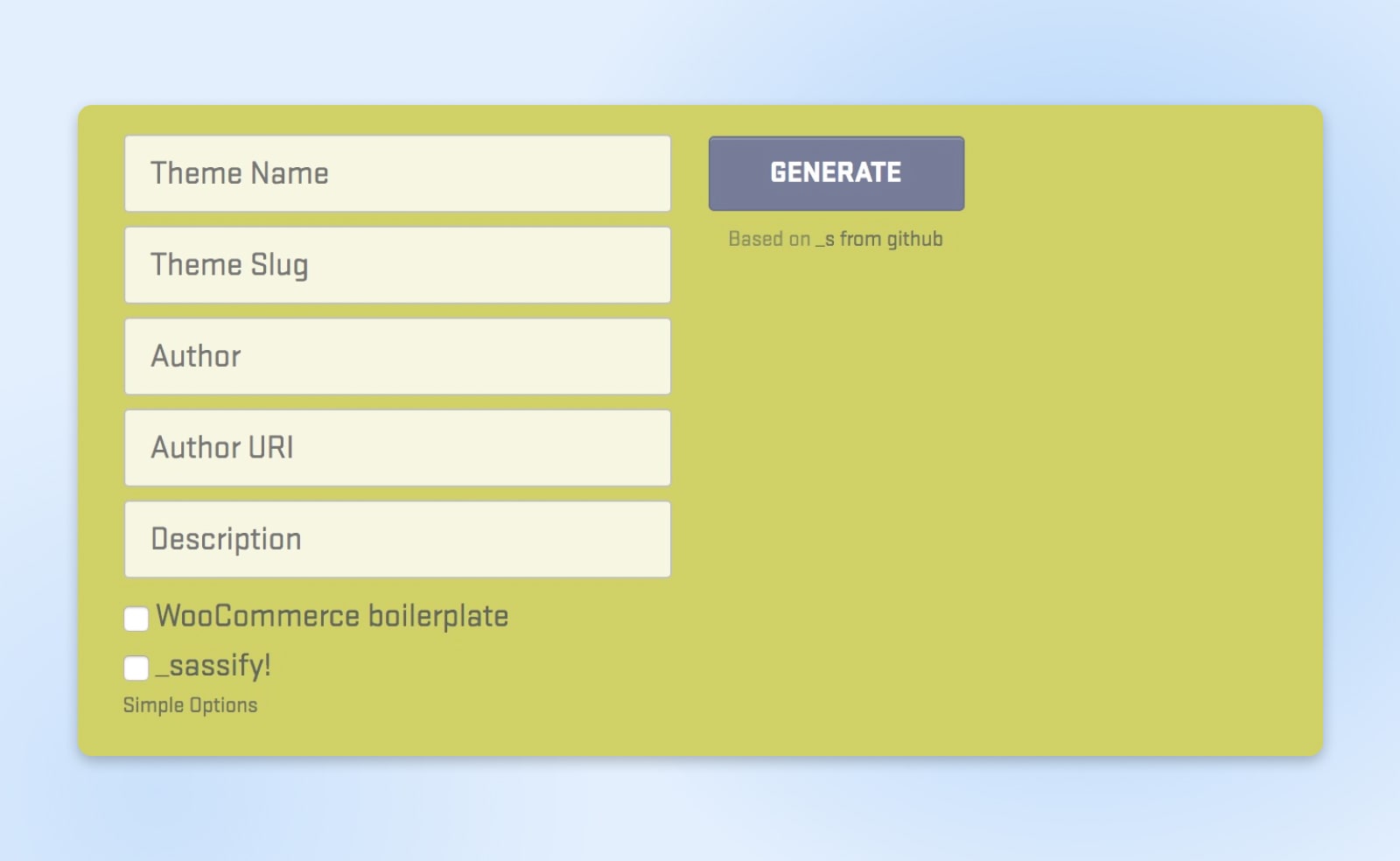 The same theme name text box now showing additional text boxes: theme slug, author, author URL, and description as well as checkboxes for "WooCommerce boilerplate" and "_sassify!" 