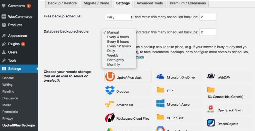 UpDraft Plus WordPress backup settings