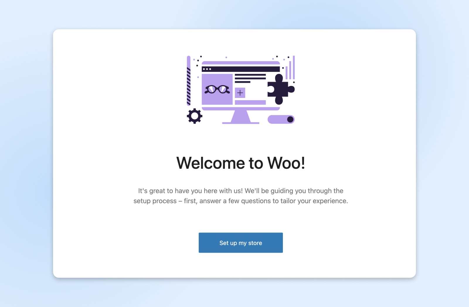 screenshot of the "Welcome to Woo!" message with a button to "Set up my store" 