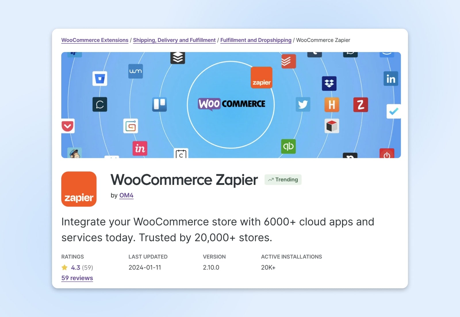 screenshot of the woocommerce for zapier extension 