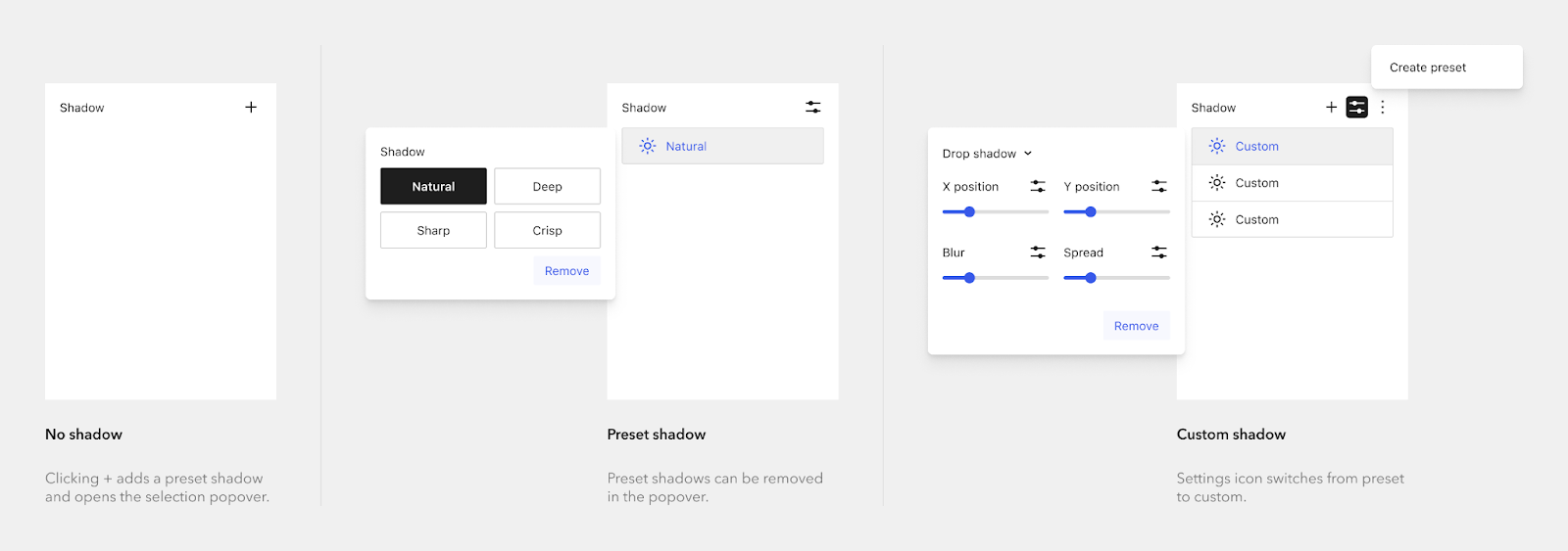 WordPress 6.4 early design iteration of box shadow component