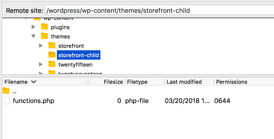 WordPress child theme location in FTP client