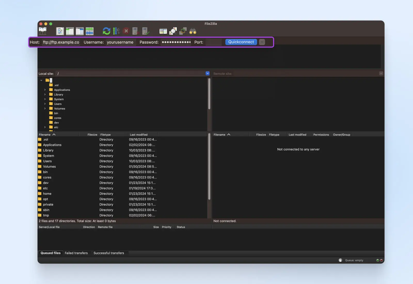 zoom in on top of cpanel showing the host domain, username, password, and Quickconnect button