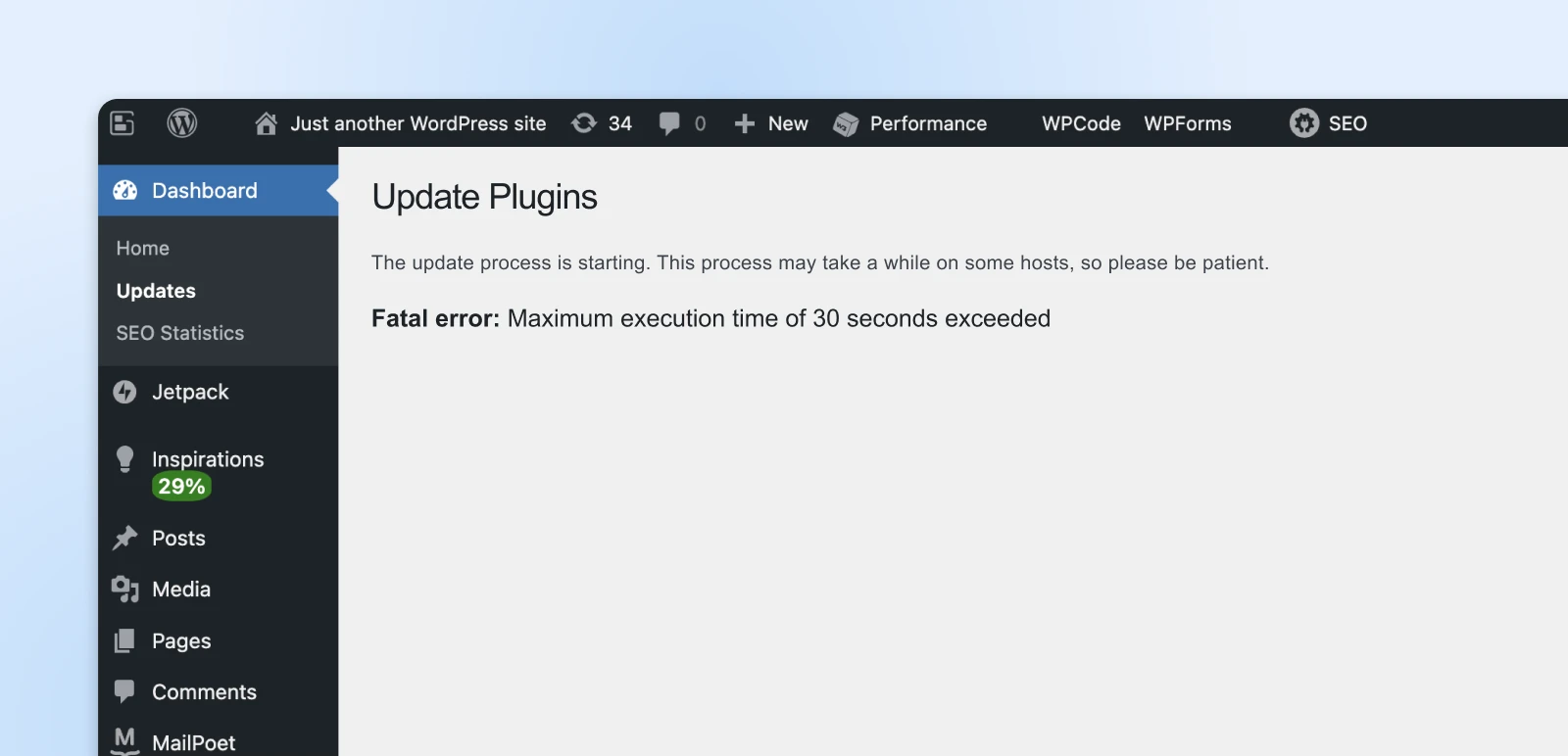 WordPress dashboard opened to the Update Plugins window with Fata error: maximum execution time exceeded shown.