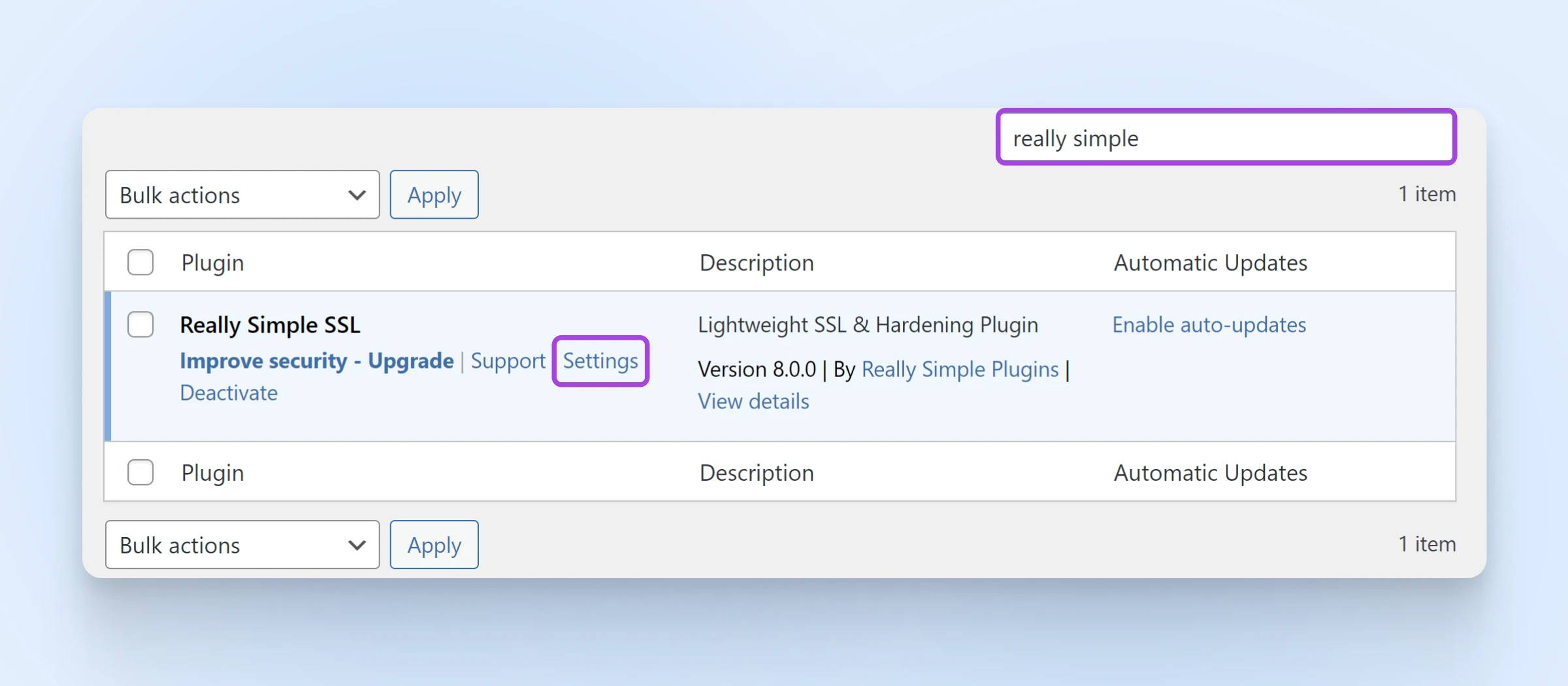 Dialog box showing Really Simple SSL plugin on WordPress with really simple typed in the search bar and "Settings" selected.