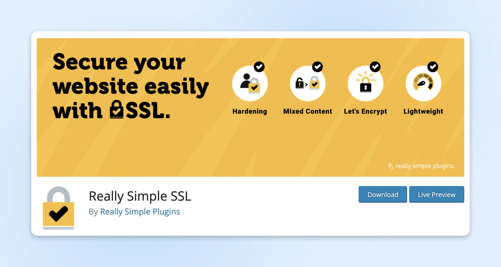 screenshot of the Really Simple SSL found on wordpress.org with download and preview buttons