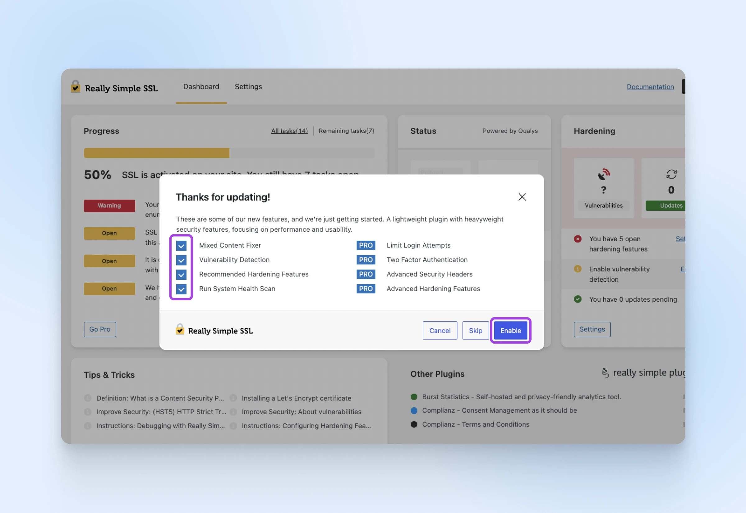 Dialog box "Thanks for updating!" with information on new Really Simple SSL features and the "Enable" button selected.