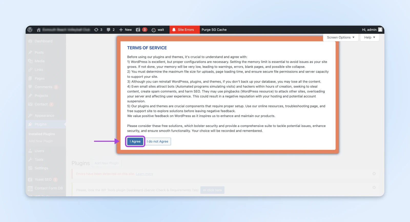 Site Errors' red tab showing TERMS OF SERVICE and an "I Agree" button at the bottom of the dialog box. 